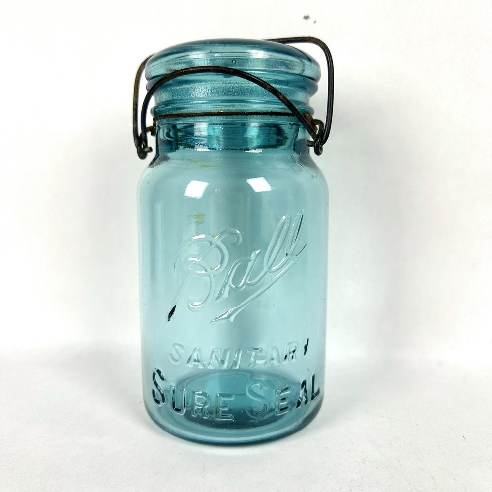 Antique Ball Sanitary Sure Seal Aqua Blue Glass Canning Jar w/ Lid & Bail 1910s